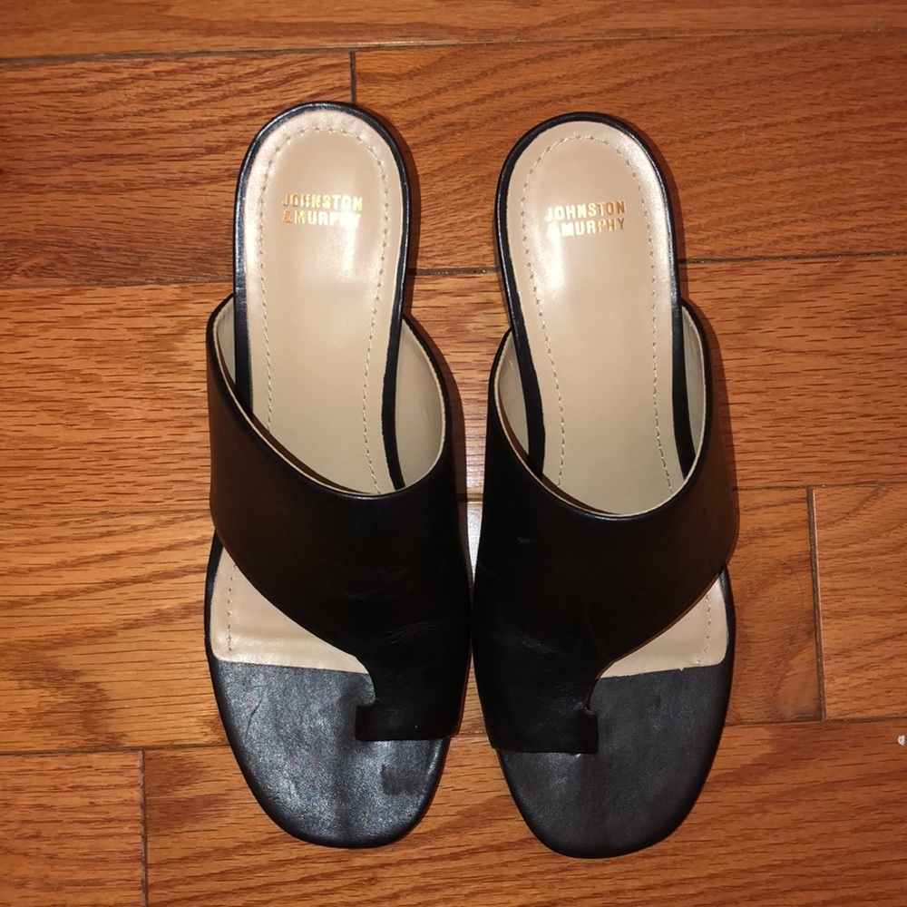 Johnston & Murphy Black Leather Two-Strap Sandals Block Heel Size 8